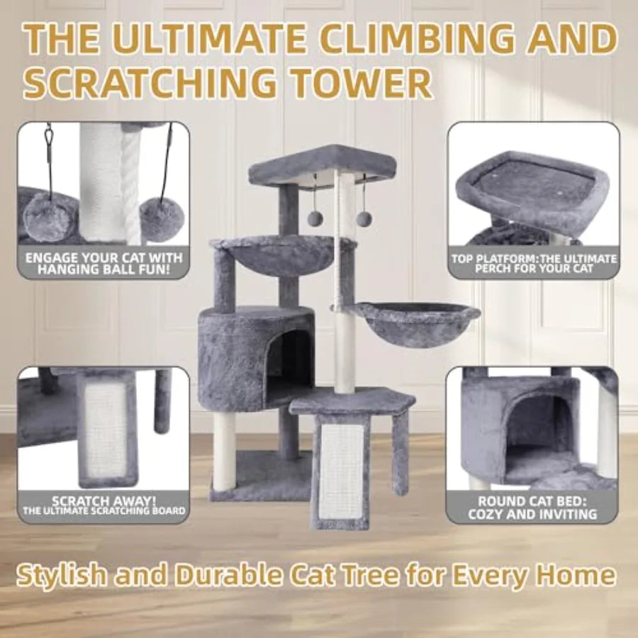 Three Layer Cat Tree with Cat Condo Scratch Pad and Two Hammocks, 3-Tier Cat Tree, Natural Sisal, Replaceable Hanging Balls, St