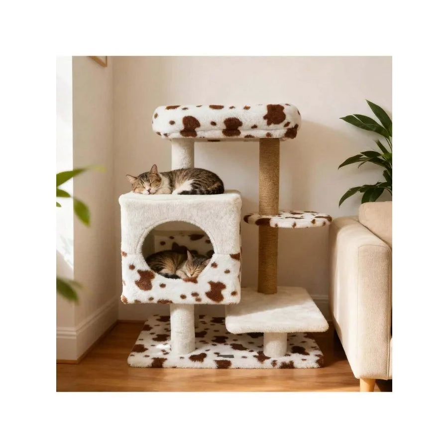 Modern Cat Tree With Wide Upholstered Perch and 2-Entrance Cat Condo Scratching Posts