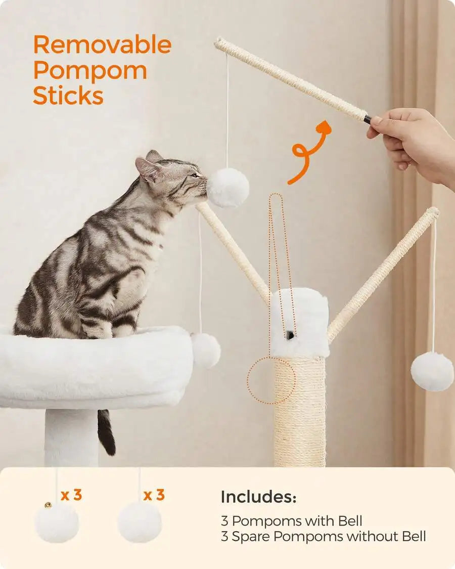 Cat Tree With Litter Box Enclosure, 2-In-1 Modern Cat Tower, 55.1-Inch Cat Condo With Scratching Posts, Removable Pompom Sticks, Greige
