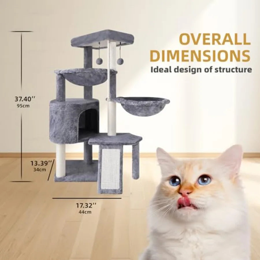 Three Layer Cat Tree with Cat Condo Scratch Pad and Two Hammocks, 3-Tier Cat Tree, Natural Sisal, Replaceable Hanging Balls, St