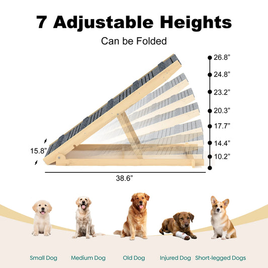 Adjustable Dog Ramp Pet Wooden Folding Dog & Cat Stair for Couch High Bed Non Slip Carpet Surface 7 Levels Height Adjustable