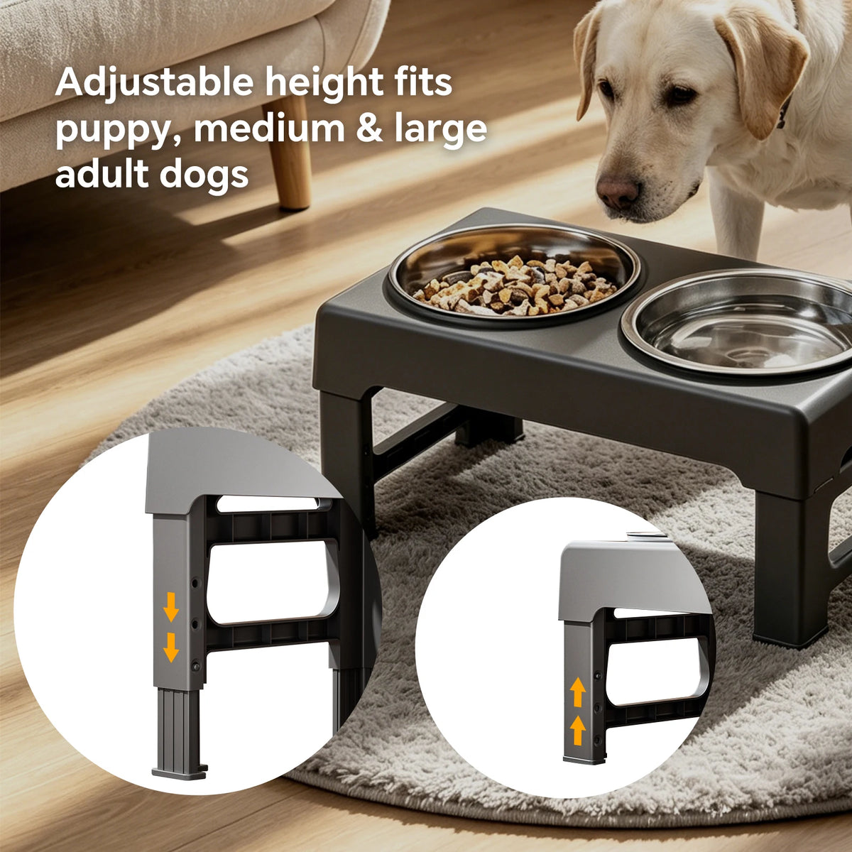 Raised Adjustable Height Dog Feeder Elevated Double Stainless Steel Pet Food Water Bowl Non‑Slip Base Anti‑Spill Design Ergonomic Dog Bowl Stand With Slow‑Feed Bowl For Small Medium Large Dogs Daily Feeding Supplies