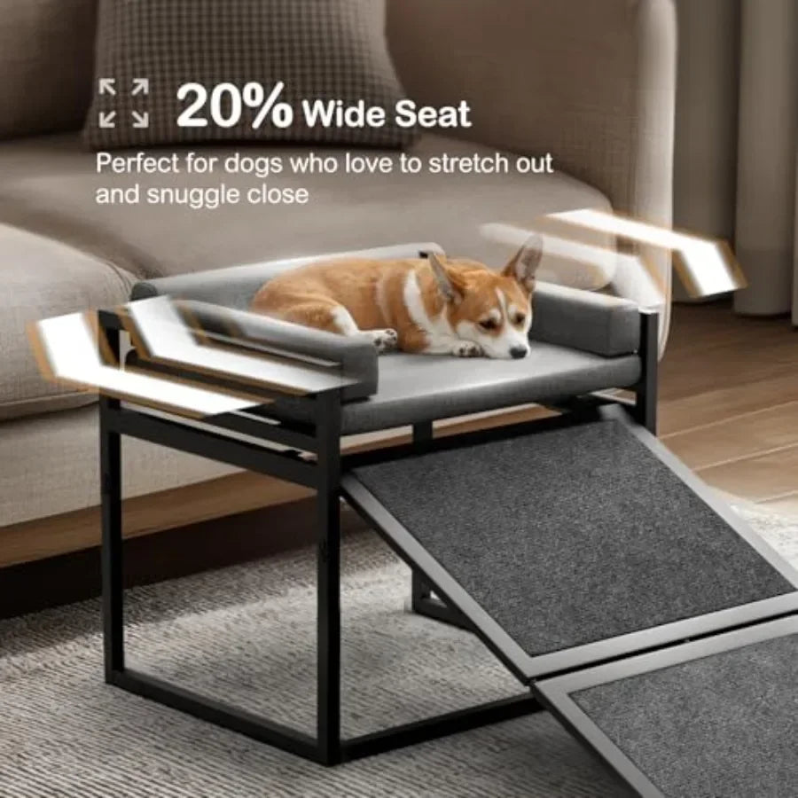 Non-slip dog ramp with extra-wide grey seat, metal frame, washable cushion, for high beds/couches/office; ideal for dachshunds,