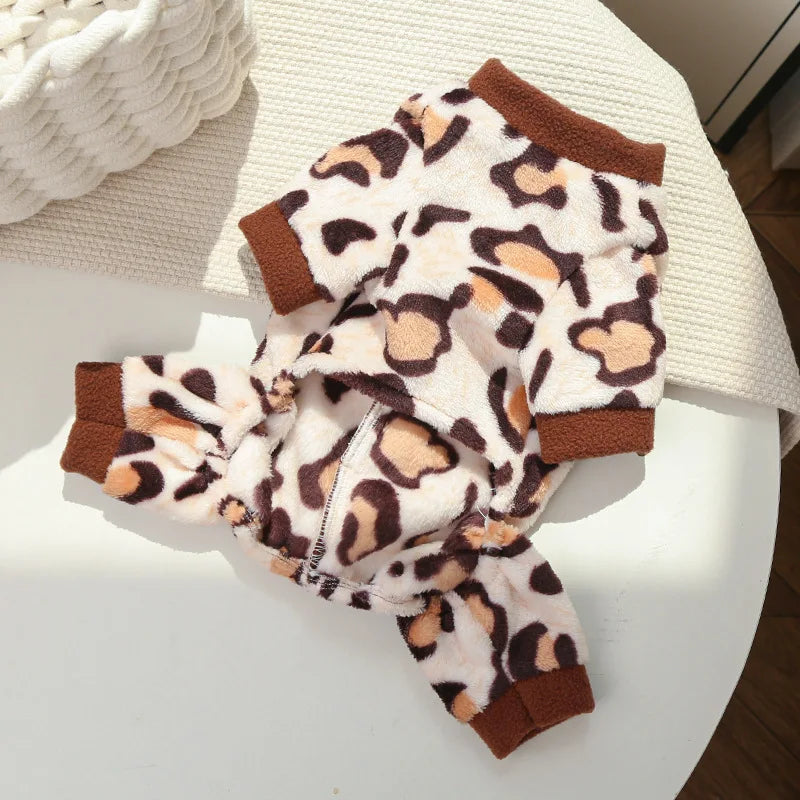 Leopard Dinosaur Dog Costume! Pet Winter Clothes Warm Fleece Jumpsuit Halloween Pajamas for Small Medium Dogs