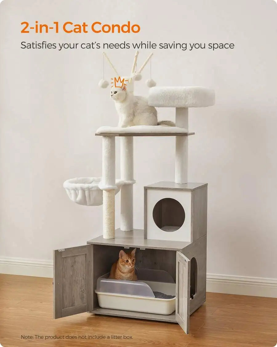Cat Tree With Litter Box Enclosure, 2-In-1 Modern Cat Tower, 55.1-Inch Cat Condo With Scratching Posts, Removable Pompom Sticks, Greige
