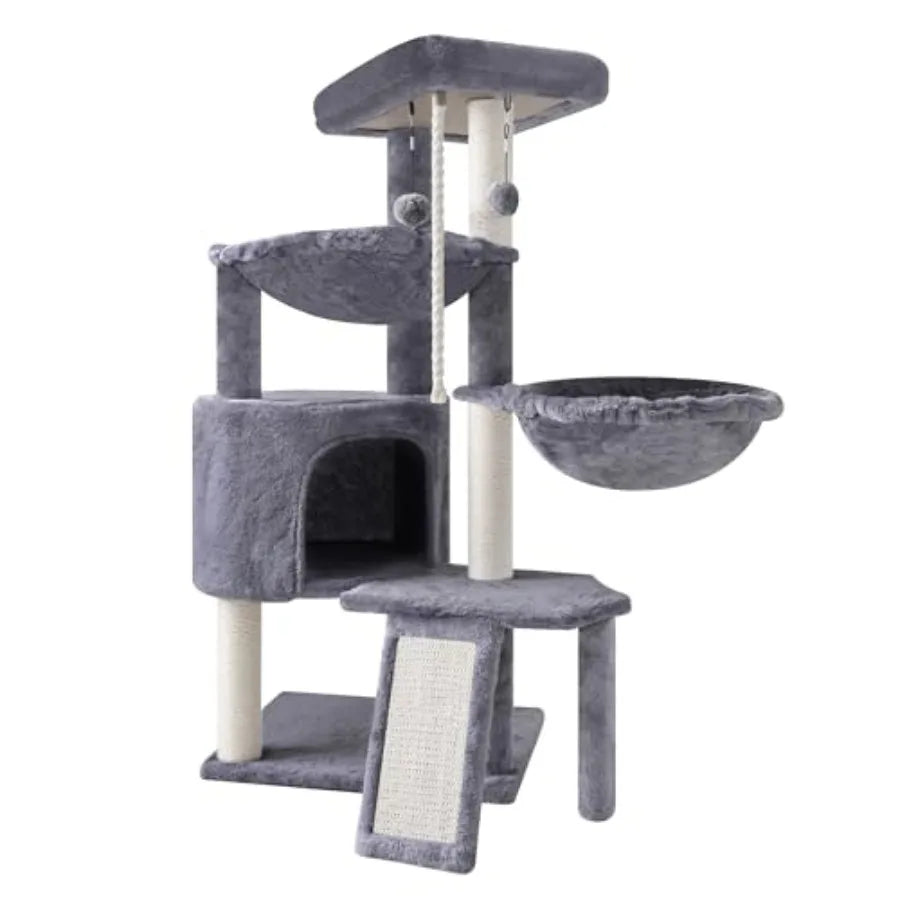 Three Layer Cat Tree with Cat Condo Scratch Pad and Two Hammocks, 3-Tier Cat Tree, Natural Sisal, Replaceable Hanging Balls, St