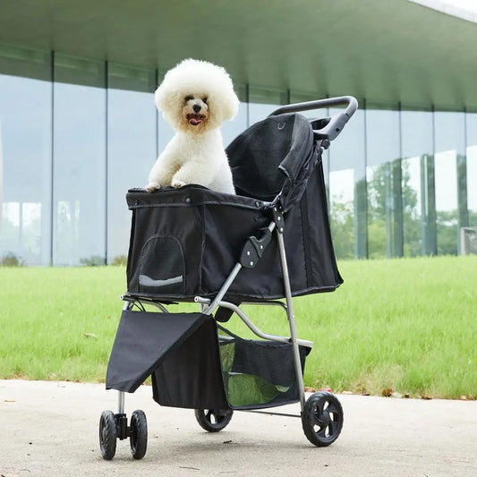 3 Wheels Pet Stroller, Cats And Dog Strollers With Storage Basket And Cup Holder, Breathable Mesh, Lightweight Travel Carrier,