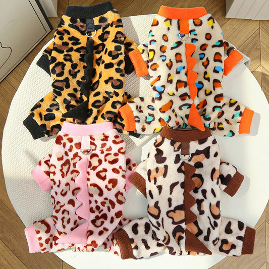 Leopard Dinosaur Dog Costume! Pet Winter Clothes Warm Fleece Jumpsuit Halloween Pajamas for Small Medium Dogs
