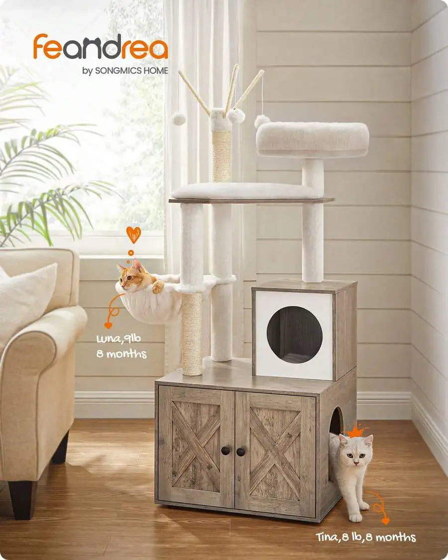 Cat Tree With Litter Box Enclosure, 2-In-1 Modern Cat Tower, 55.1-Inch Cat Condo With Scratching Posts, Removable Pompom Sticks, Greige
