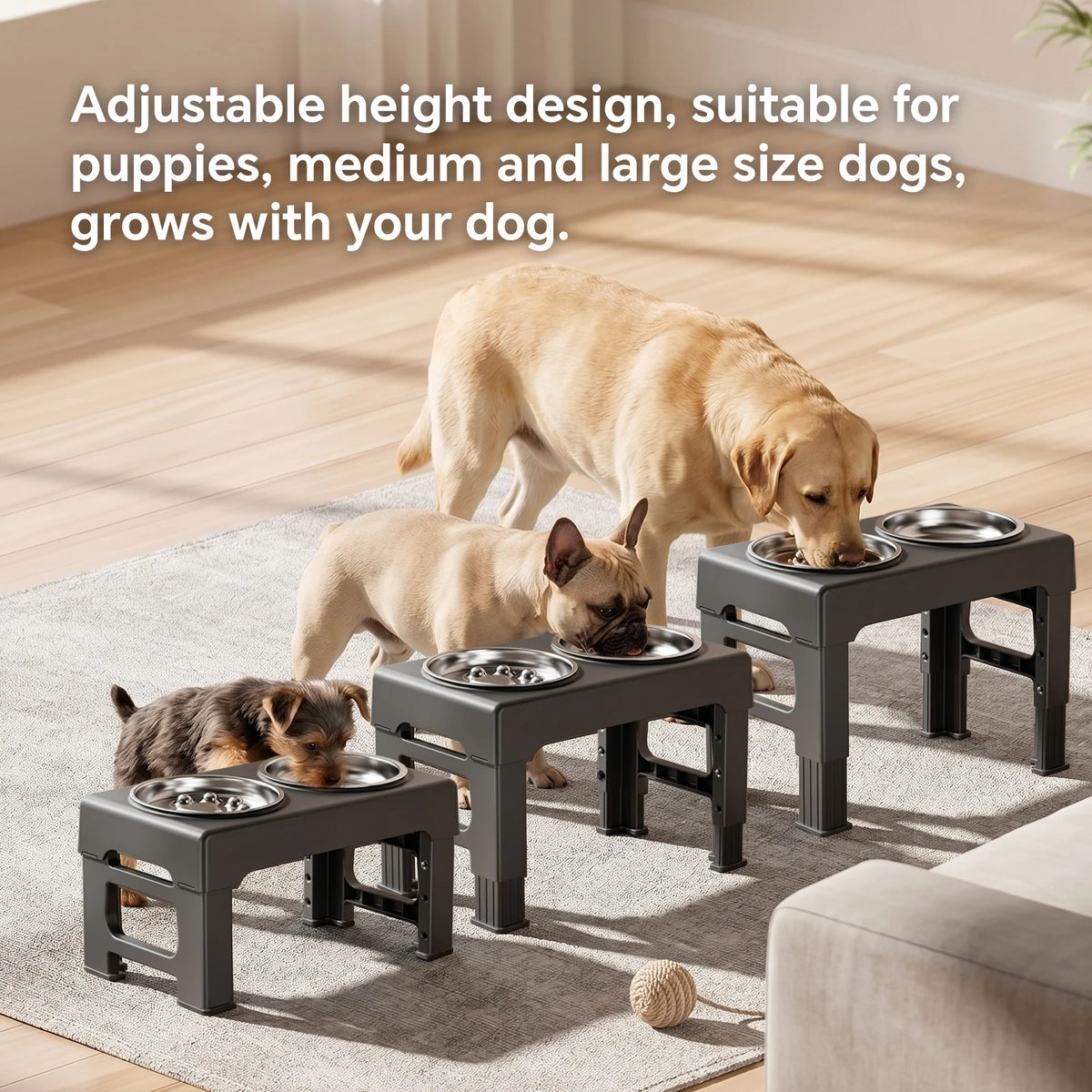 Raised Adjustable Height Dog Feeder Elevated Double Stainless Steel Pet Food Water Bowl Non‑Slip Base Anti‑Spill Design Ergonomic Dog Bowl Stand With Slow‑Feed Bowl For Small Medium Large Dogs Daily Feeding Supplies