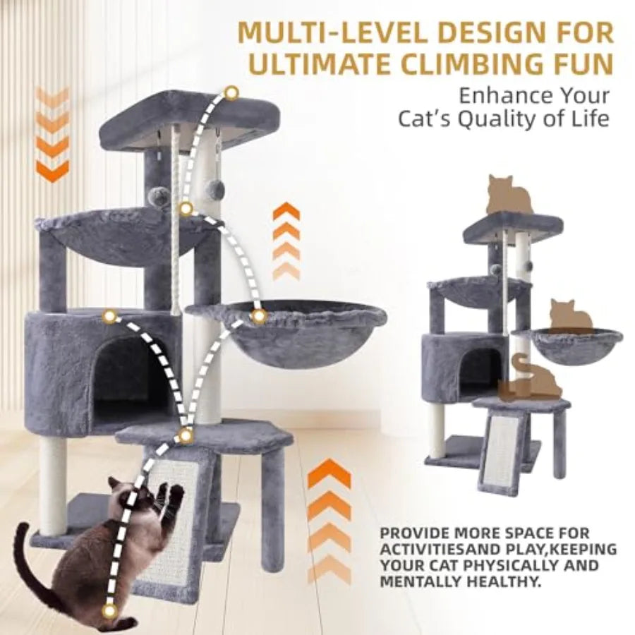 Three Layer Cat Tree with Cat Condo Scratch Pad and Two Hammocks, 3-Tier Cat Tree, Natural Sisal, Replaceable Hanging Balls, St