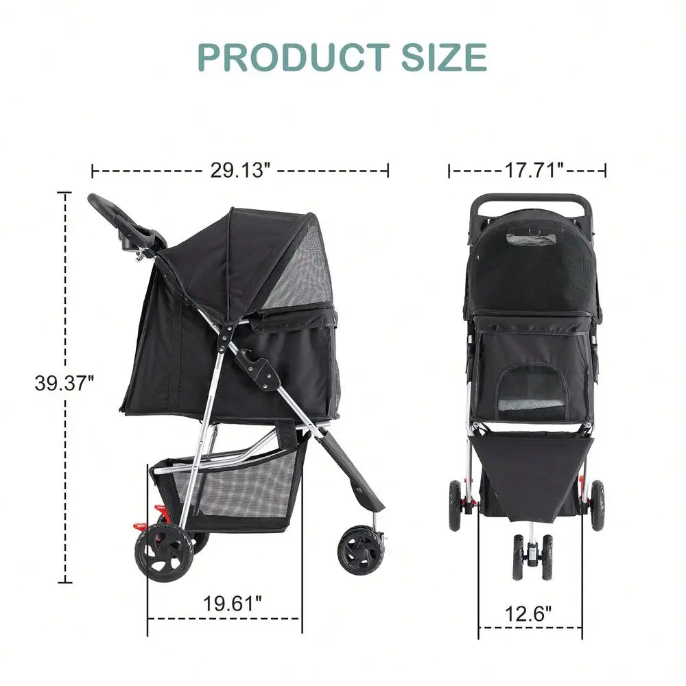 3 Wheels Pet Stroller, Cats And Dog Strollers With Storage Basket And Cup Holder, Breathable Mesh, Lightweight Travel Carrier,