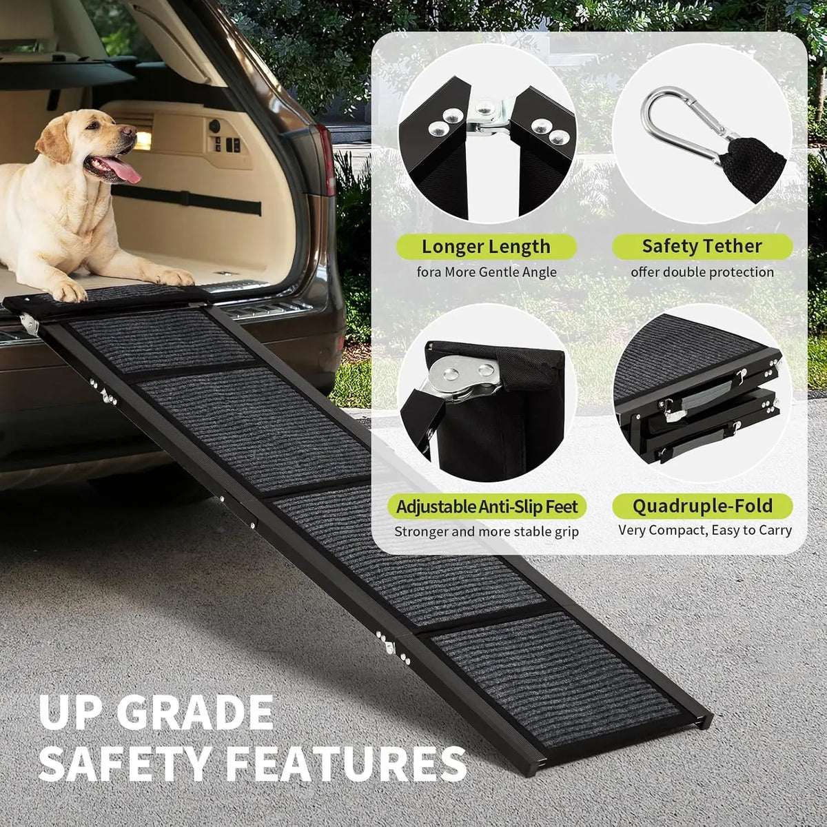 Garvee 63inch Folding Car Pet Steps Non Slip Climbing Ladder Dog Ramp for Car Heavy Duty Ramp Supports Up to 250 Lbs for Large Dogs and Cats Vehicle SUV Safe