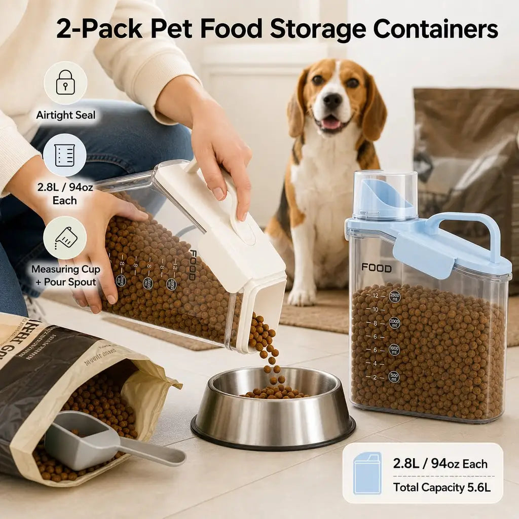 2-Pack Pet Food Dispenser Containers With Measuring Cups, Airtight Pantry Organizer For Kibble And Treats