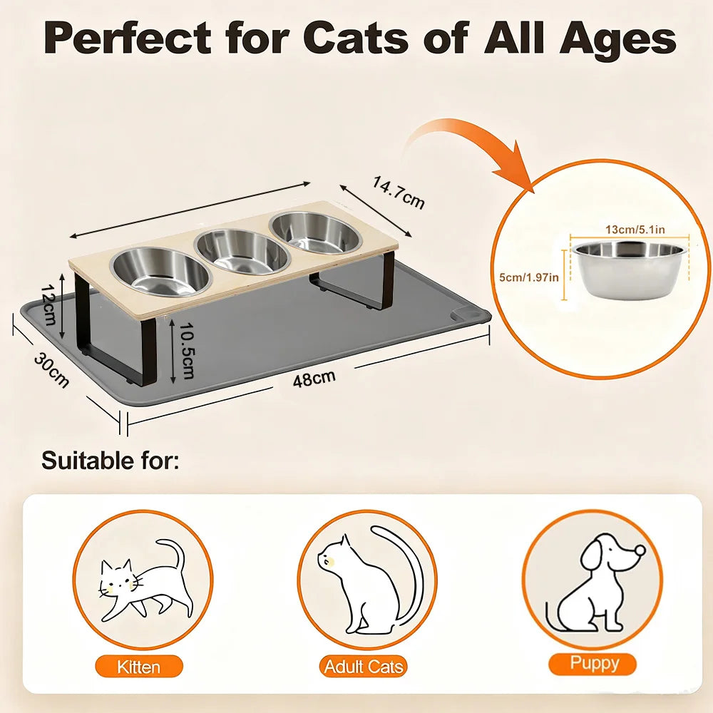 3 Bowls Cat Bowl Stand Iron Frame Elevated Pet Feeder Silicone Cat Bowl Mat Waterproof Anti-slip Pet Feeding Mat for Cats