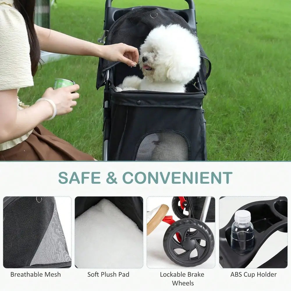 3 Wheels Pet Stroller, Cats And Dog Strollers With Storage Basket And Cup Holder, Breathable Mesh, Lightweight Travel Carrier,