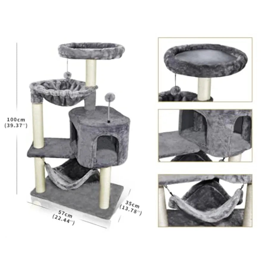 Cat Tree with Cat Condo and Big Hammock, Grey