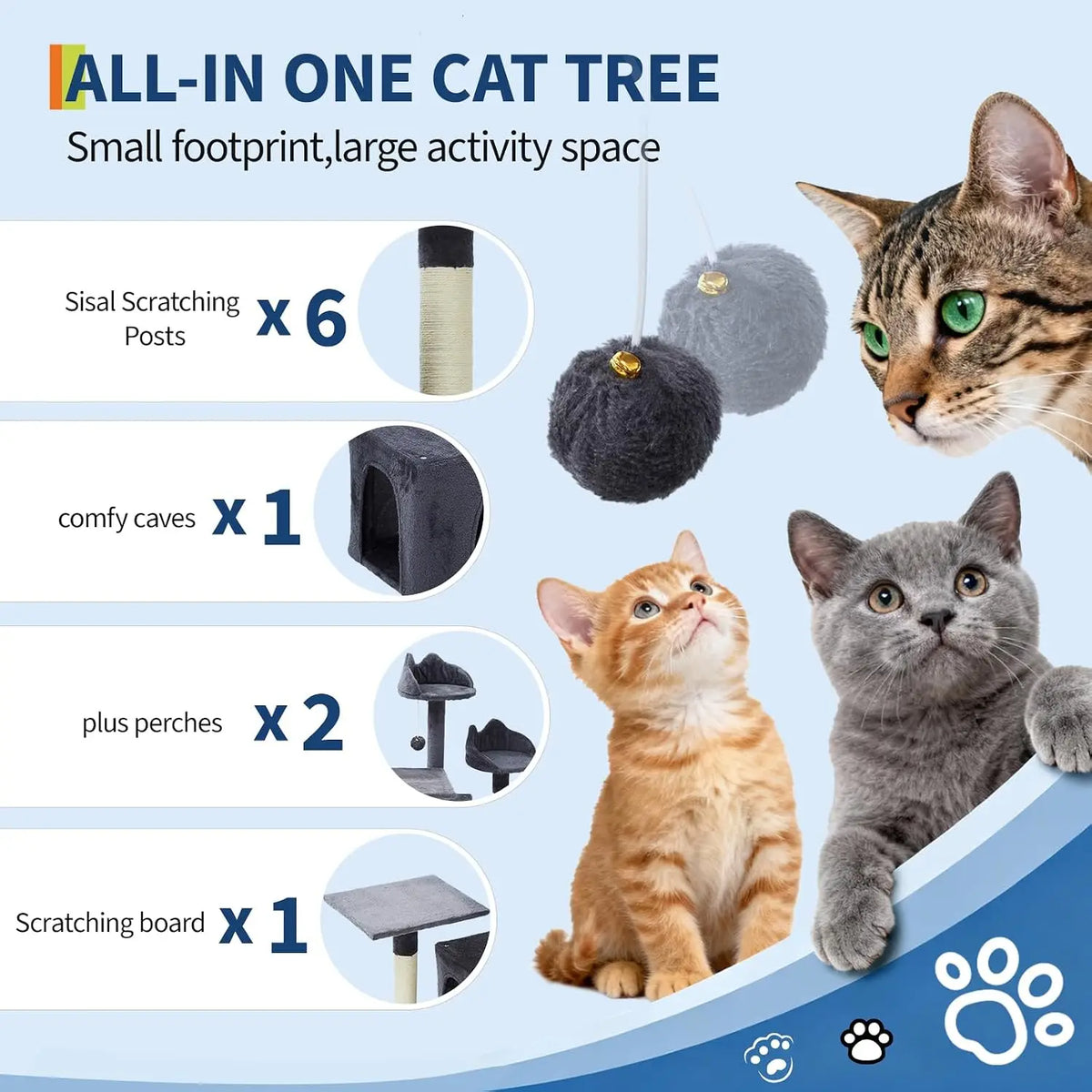 Garvee 72inch Large Cat Tree Tower Heavy Duty Stable Cat Furniture with 6 Sisal Scratching Posts, 2 Soft Perches, Spacious Condo, Platforms & Dangling Balls Villa Training Aids Pet Products Supplies