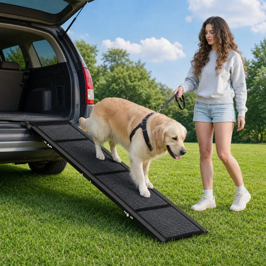 Garvee 63inch Folding Car Pet Steps Non Slip Climbing Ladder Dog Ramp for Car Heavy Duty Ramp Supports Up to 250 Lbs for Large Dogs and Cats Vehicle SUV Safe