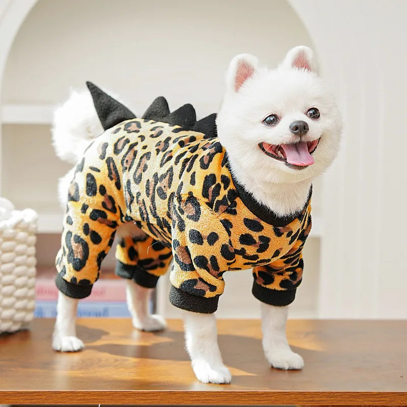 Leopard Dinosaur Dog Costume! Pet Winter Clothes Warm Fleece Jumpsuit Halloween Pajamas for Small Medium Dogs