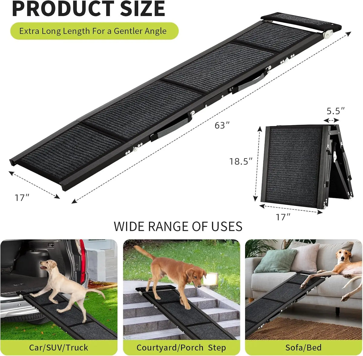 Garvee 63inch Folding Car Pet Steps Non Slip Climbing Ladder Dog Ramp for Car Heavy Duty Ramp Supports Up to 250 Lbs for Large Dogs and Cats Vehicle SUV Safe
