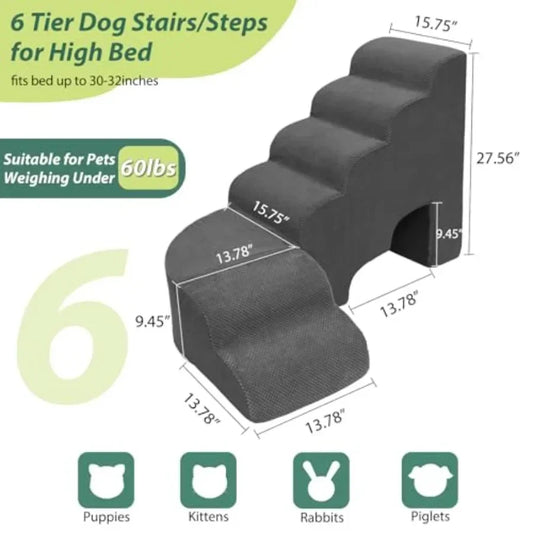 Dog Stairs for High Bed 28-32 Inches Tall, 6 Tier Pet Stairs for Small Dogs Indoor Use, Polyester Fabric, Gray, Non-Slip Surfac