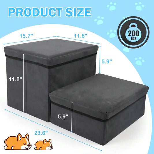 Foldable Dog Stairs For Small Medium Dogs With Storage And Adjustable Steps Pet Storage Stepper For High Beds Sofa Holding Up To 50 Lbs Pet Dog Cat (2 Step)