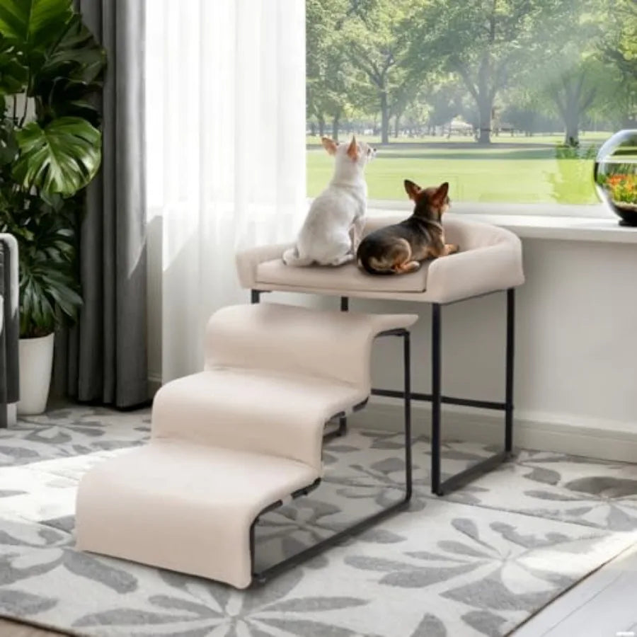 Dog window perch with stairs for indoor use, plush foam upholstery in gray, soft comfort and easy access for small pets