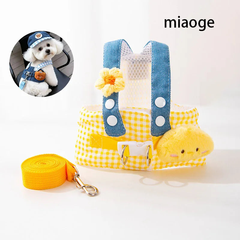 3Pcs Spring Summer Pet Dog Clothes For Small Dogs Cats Puppies Chest Harness Traction Rope Breathable Fabric Clothing Supplies