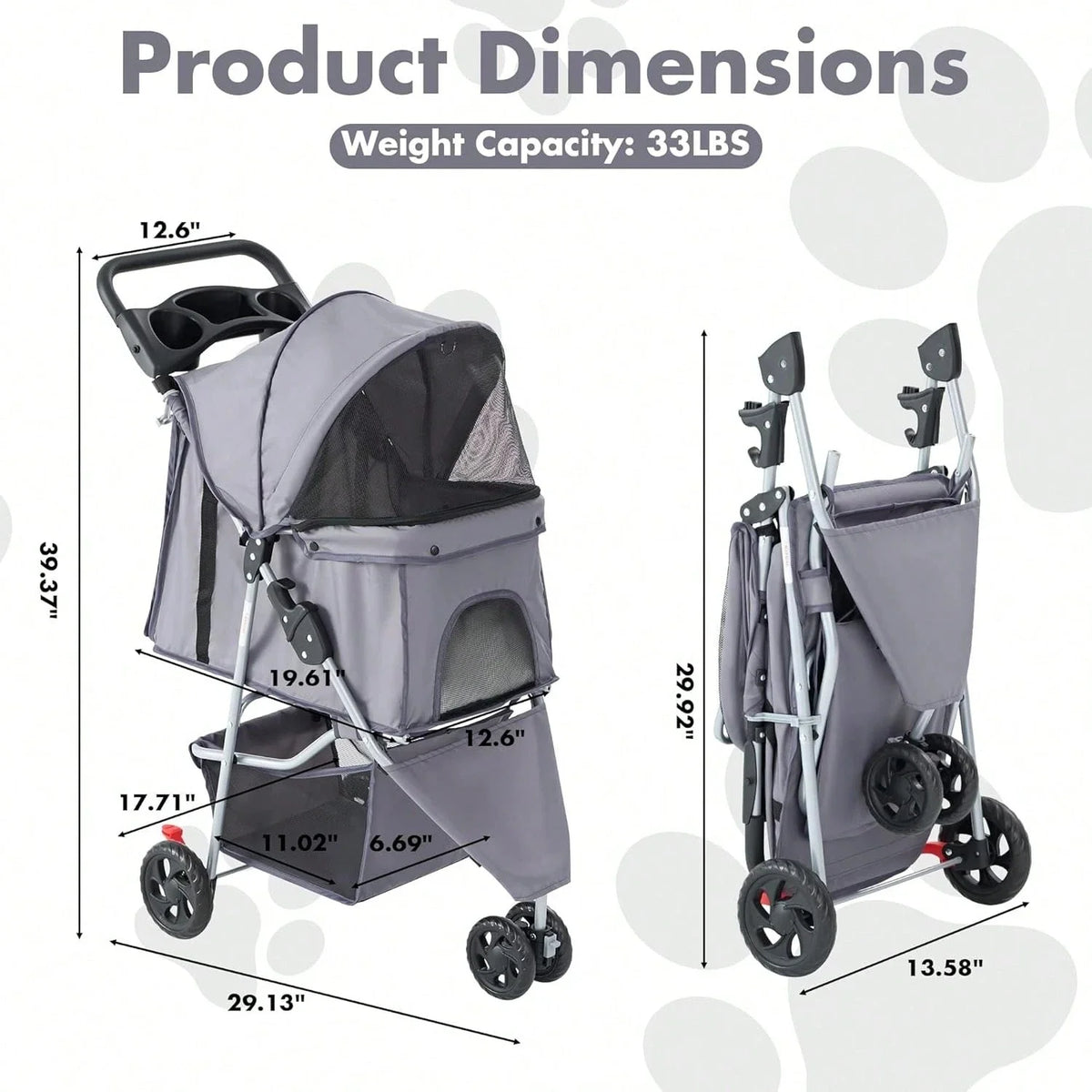 3 Wheels Pet Stroller, Cats And Dog Strollers With Storage Basket And Cup Holder, Breathable Mesh, Lightweight Travel Carrier,