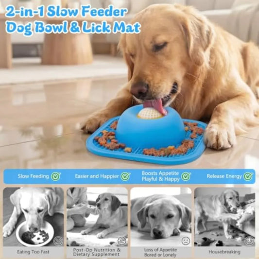 Slow Feeder Dog Bowls & Lick Mat for Liquid and Thick Treat, Anti-Slip Dog Lick Bowl with Interactive Rolling Ball, 5/6 Cup Pup Licking Toy for Large Medium Small Dogs and Cats Blue