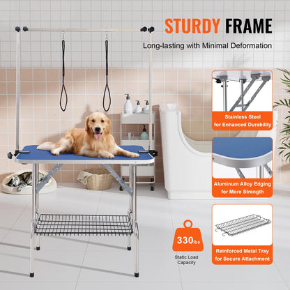 SucceBuy Pet Grooming Table Two Arms w/ Clamp Dog Grooming Station Foldable Pets Stand for Medium Small Dogs with Grooming Loop