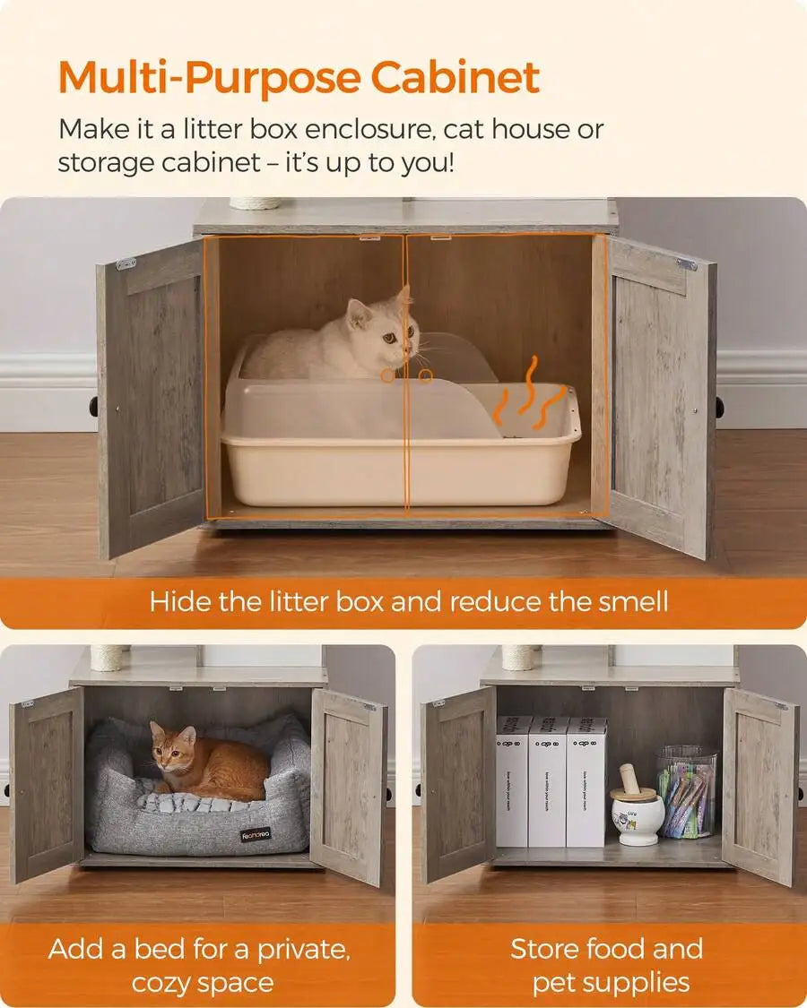 Cat Tree With Litter Box Enclosure, 2-In-1 Modern Cat Tower, 55.1-Inch Cat Condo With Scratching Posts, Removable Pompom Sticks, Greige