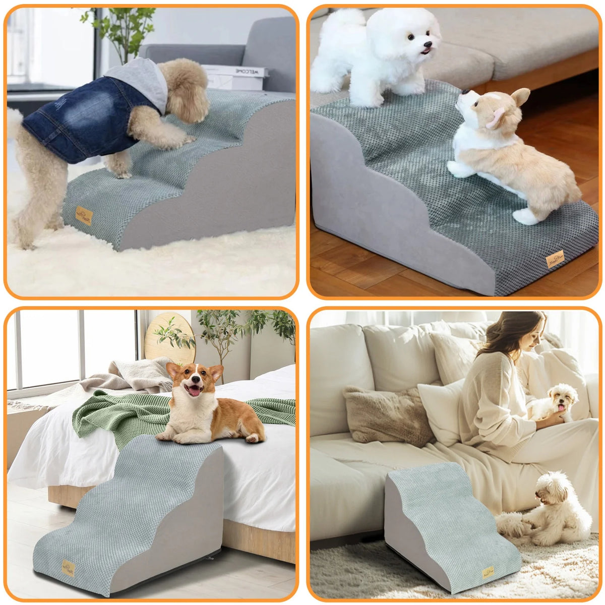 3/4/5 Steps Dog Stairs for Small Dogs Curved Dog Step Pet Ramp with Removable Cover for Sofa Bed or Chair High-Density Sponge Foam