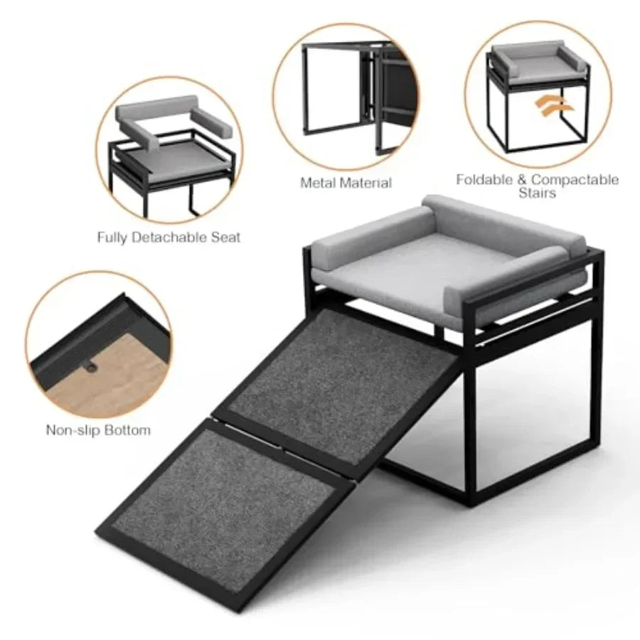Non-slip dog ramp with extra-wide grey seat, metal frame, washable cushion, for high beds/couches/office; ideal for dachshunds,