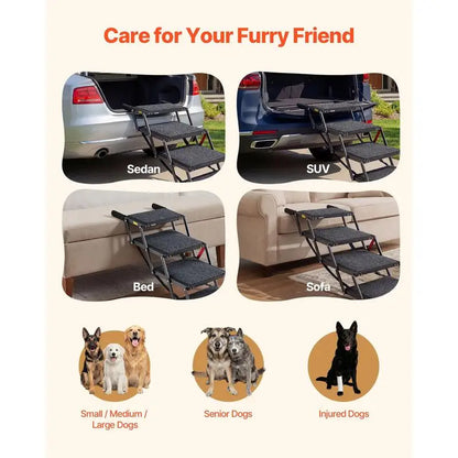 Dog Stairs for Car, 4 Steps Extra Wide Foldable Dog Ramp for Large Dogs with Non-Slip Rug Surface, Portable Lightweight Pet Ladder for Car, SUV, Truck, High Beds, Sofas, Support up to 200 lbs