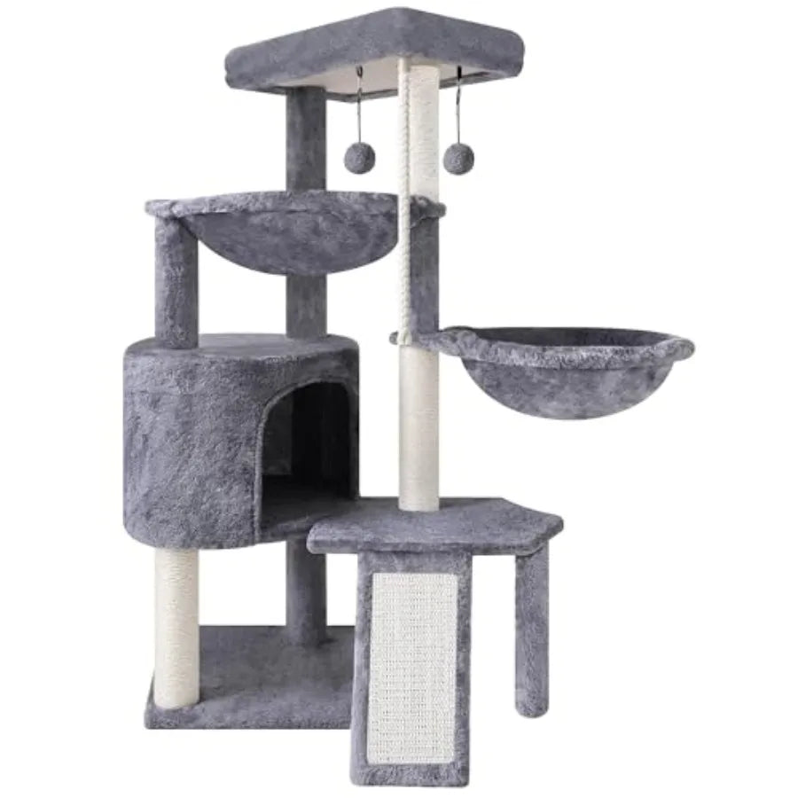 Three Layer Cat Tree with Cat Condo Scratch Pad and Two Hammocks, 3-Tier Cat Tree, Natural Sisal, Replaceable Hanging Balls, St