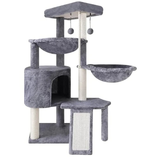 Three Layer Cat Tree with Cat Condo Scratch Pad and Two Hammocks, 3-Tier Cat Tree, Natural Sisal, Replaceable Hanging Balls, St
