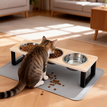 3 Bowls Cat Bowl Stand Iron Frame Elevated Pet Feeder Silicone Cat Bowl Mat Waterproof Anti-slip Pet Feeding Mat for Cats