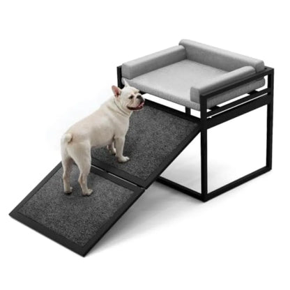 Non-slip dog ramp with extra-wide grey seat, metal frame, washable cushion, for high beds/couches/office; ideal for dachshunds,