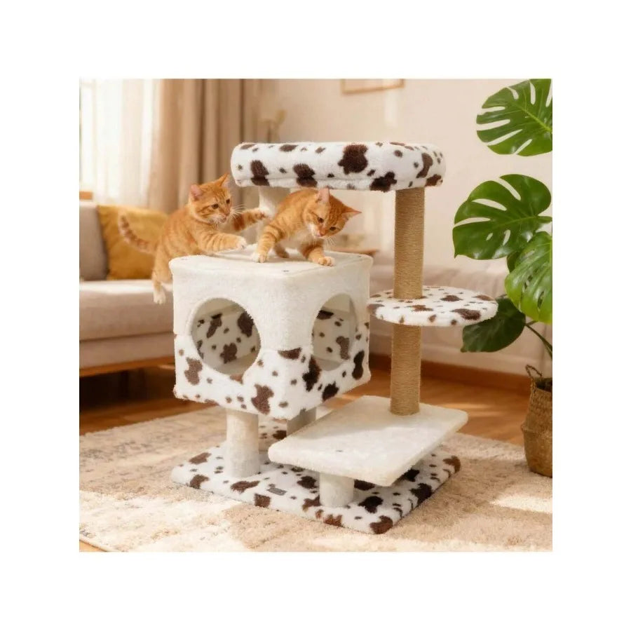 Modern Cat Tree With Wide Upholstered Perch and 2-Entrance Cat Condo Scratching Posts