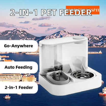Two in One Automatic Pet Feeder and Water Dispenser with Dual Bowls for Cats and Small Dogs