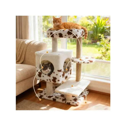 Modern Cat Tree With Wide Upholstered Perch and 2-Entrance Cat Condo Scratching Posts
