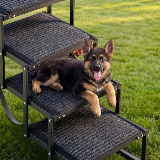 Dog Stairs for Car, 4 Steps Extra Wide Foldable Dog Ramp for Large Dogs with Non-Slip Rug Surface, Portable Lightweight Pet Ladder for Car, SUV, Truck, High Beds, Sofas, Support up to 200 lbs