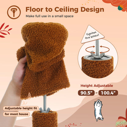 Cat Tree Floor to Ceiling Cat Tower Adjustable Height with Cat Condo Cozy Hammock and Scratching Post Tall Activity Tree Borwn