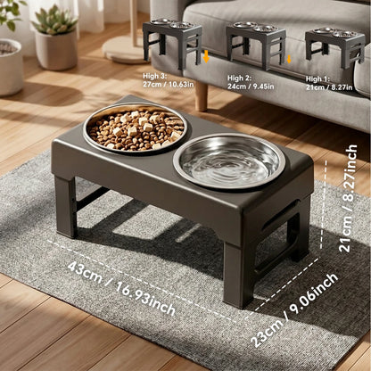 Raised Adjustable Height Dog Feeder Elevated Double Stainless Steel Pet Food Water Bowl Non‑Slip Base Anti‑Spill Design Ergonomic Dog Bowl Stand With Slow‑Feed Bowl For Small Medium Large Dogs Daily Feeding Supplies
