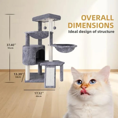 Three Layer Cat Tree with Cat Condo Scratch Pad and Two Hammocks, 3-Tier Cat Tree, Natural Sisal, Replaceable Hanging Balls, St