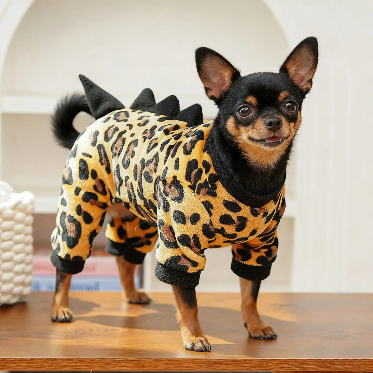 Leopard Dinosaur Dog Costume! Pet Winter Clothes Warm Fleece Jumpsuit Halloween Pajamas for Small Medium Dogs