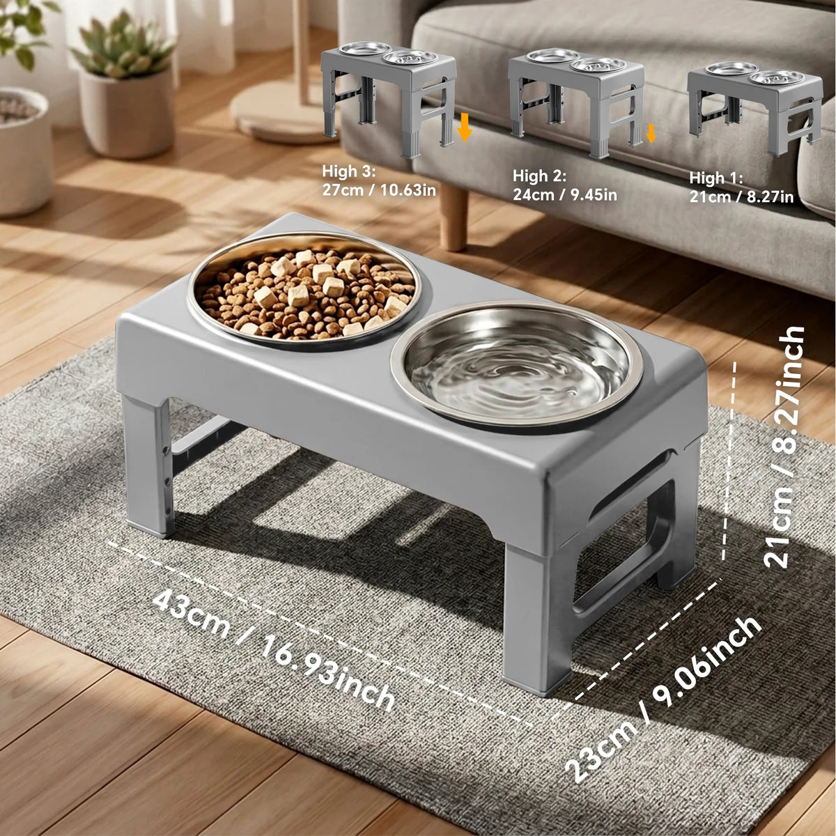 Raised Adjustable Height Dog Feeder Elevated Double Stainless Steel Pet Food Water Bowl Non‑Slip Base Anti‑Spill Design Ergonomic Dog Bowl Stand With Slow‑Feed Bowl For Small Medium Large Dogs Daily Feeding Supplies