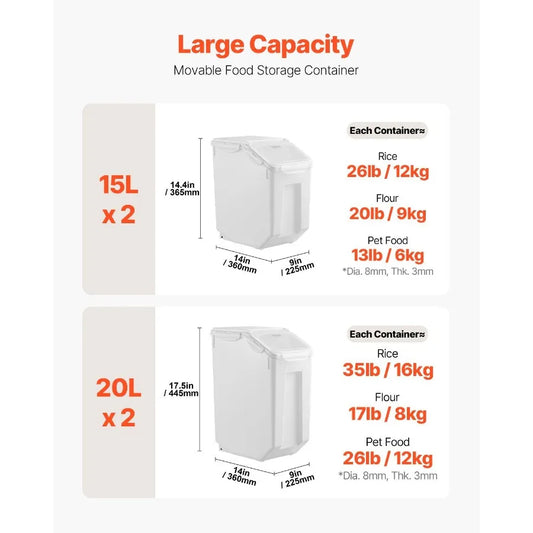 Rice Storage Container 3.5Gal/15Lx2 + 4.5Gal/20Lx2 Large Dog Food Dispenser Bin Kitchen Ingredient Grain Cereal Bin Pet Food Co